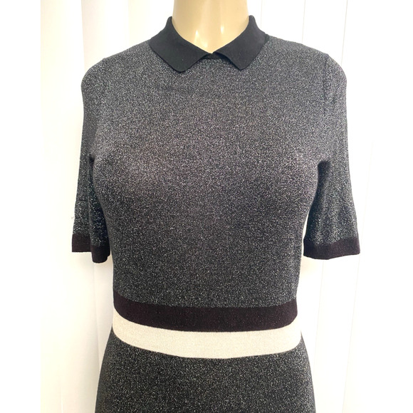 TED BAKER Dress Knit Metallic Silver Short Sleeve Striped Collared Shimmer 0 XS - Picture 2 of 8